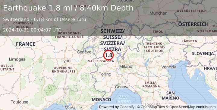 Earthquake SWITZERLAND (1.8 ml) (2024-10-31 00:04:07 UTC)