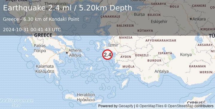 Earthquake DODECANESE ISLANDS, GREECE (2.4 ml) (2024-10-31 00:41:43 UTC)