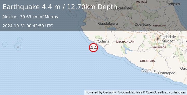 Earthquake OFFSHORE COLIMA, MEXICO (4.4 m) (2024-10-31 00:42:59 UTC)