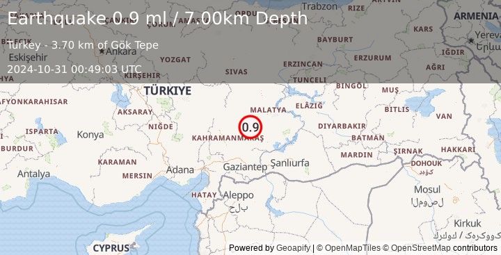 Earthquake CENTRAL TURKEY (0.9 ml) (2024-10-31 00:49:03 UTC)