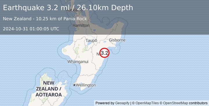 Earthquake OFF E. COAST OF N. ISLAND, N.Z. (3.2 ml) (2024-10-31 01:00:05 UTC)