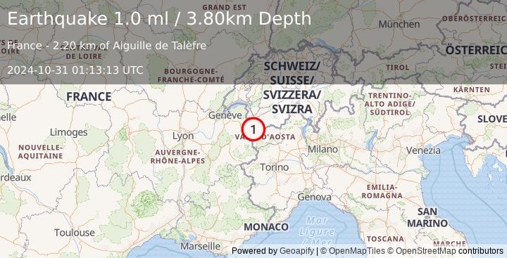 Earthquake NORTHERN ITALY (1.0 ml) (2024-10-31 01:13:13 UTC)