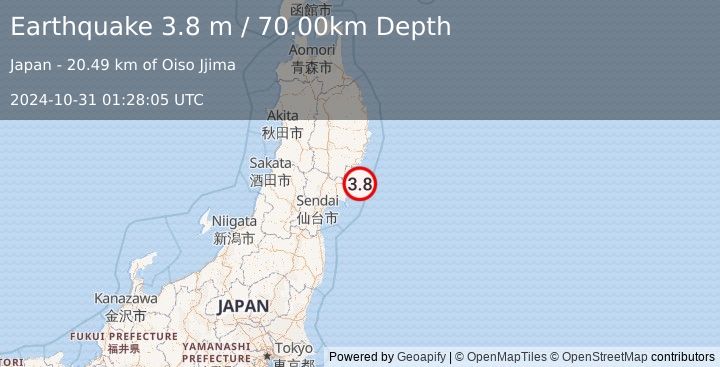 Earthquake NEAR EAST COAST OF HONSHU, JAPAN (3.8 m) (2024-10-31 01:28:05 UTC)