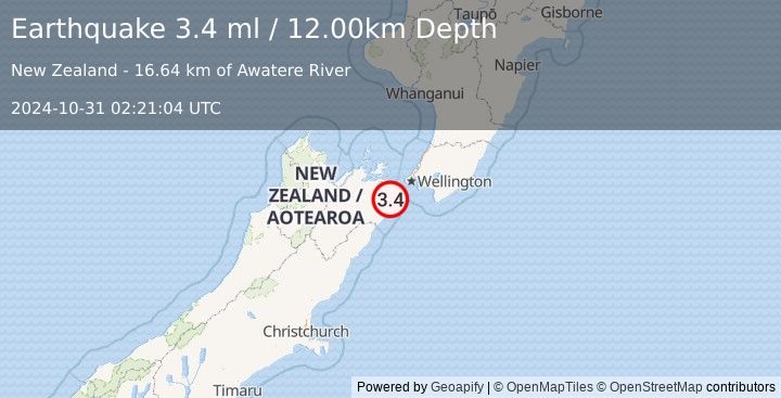 Earthquake COOK STRAIT, NEW ZEALAND (3.4 ml) (2024-10-31 02:21:04 UTC)