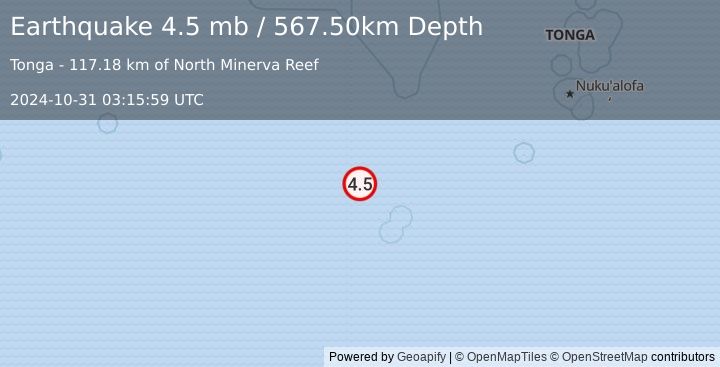 Earthquake SOUTH OF FIJI ISLANDS (4.5 mb) (2024-10-31 03:15:59 UTC)