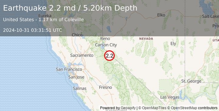 Earthquake CENTRAL CALIFORNIA (2.2 md) (2024-10-31 03:31:51 UTC)