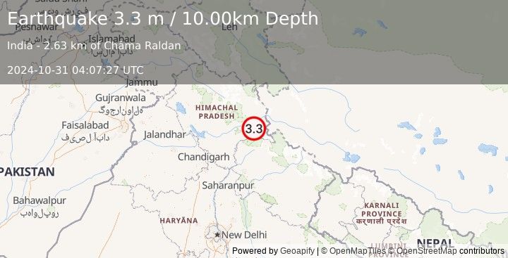 Earthquake WESTERN XIZANG-INDIA BORDER REG. (3.3 m) (2024-10-31 04:07:27 UTC)