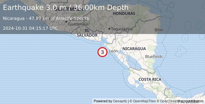 Earthquake NEAR COAST OF NICARAGUA (3.0 m) (2024-10-31 04:15:17 UTC)