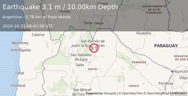 Earthquake SALTA, ARGENTINA (3.1 m) (2024-10-31 04:42:58 UTC)