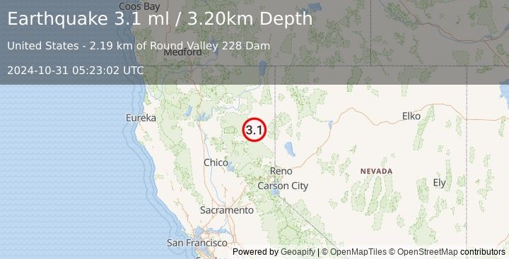 Earthquake NORTHERN CALIFORNIA (3.1 ml) (2024-10-31 05:23:02 UTC)