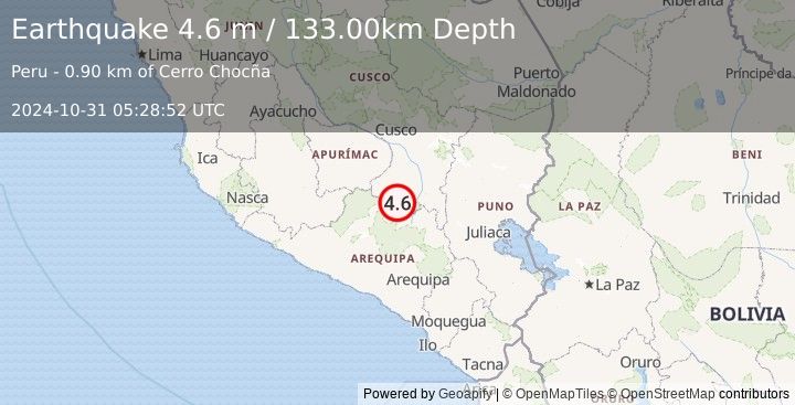 Earthquake CENTRAL PERU (4.6 m) (2024-10-31 05:28:52 UTC)