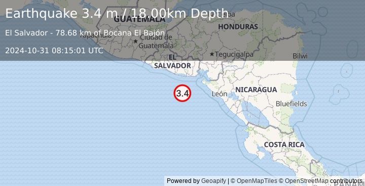 Earthquake OFFSHORE EL SALVADOR (3.4 m) (2024-10-31 08:15:01 UTC)