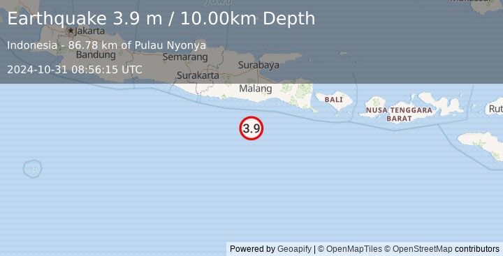 Earthquake SOUTH OF JAVA, INDONESIA (3.9 m) (2024-10-31 08:56:15 UTC)