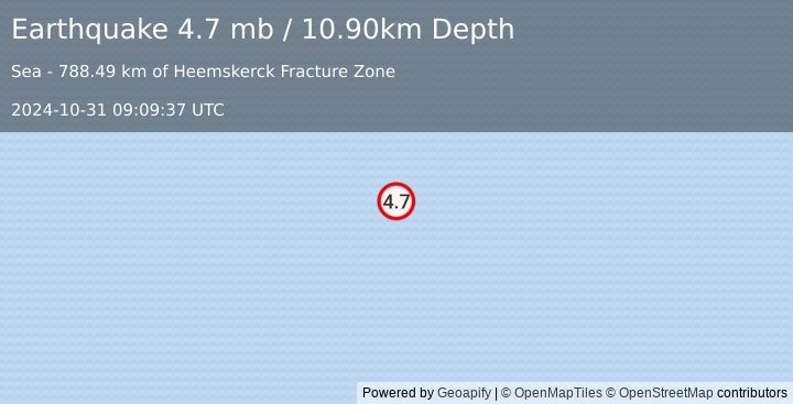 Earthquake WESTERN INDIAN-ANTARCTIC RIDGE (4.7 mb) (2024-10-31 09:09:37 UTC)