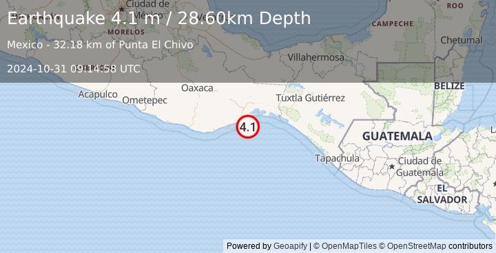 Earthquake OFFSHORE OAXACA, MEXICO (4.1 m) (2024-10-31 09:14:58 UTC)