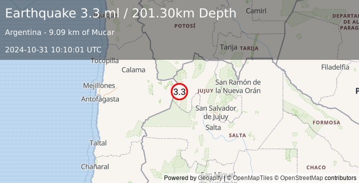 Earthquake JUJUY, ARGENTINA (3.3 ml) (2024-10-31 10:10:01 UTC)