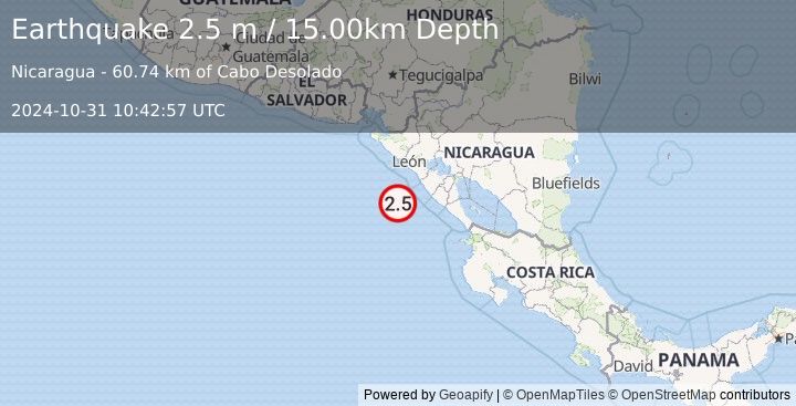 Earthquake NEAR COAST OF NICARAGUA (2.5 m) (2024-10-31 10:42:57 UTC)