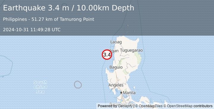 Earthquake PHILIPPINE ISLANDS REGION (3.4 m) (2024-10-31 11:49:28 UTC)