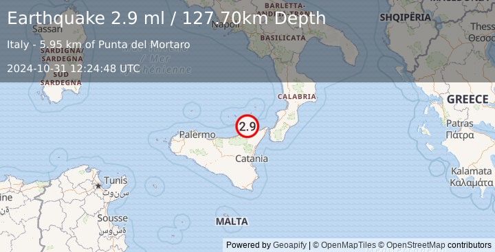 Earthquake SICILY, ITALY (2.9 ml) (2024-10-31 12:24:48 UTC)