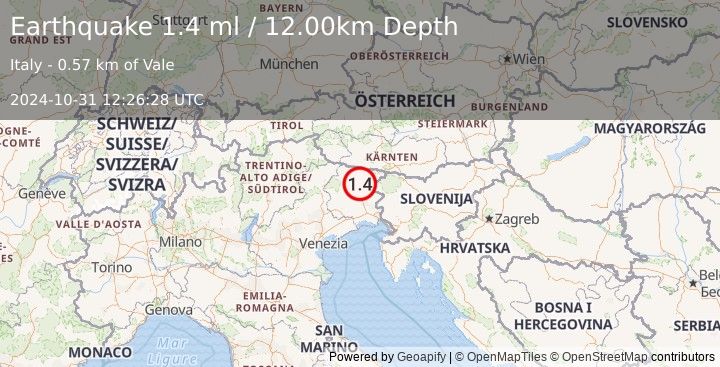 Earthquake NORTHERN ITALY (1.4 ml) (2024-10-31 12:26:28 UTC)