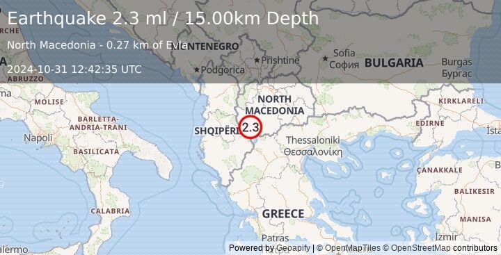 Earthquake REPUBLIC OF NORTH MACEDONIA (2.3 ml) (2024-10-31 12:42:35 UTC)