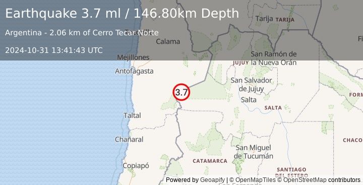 Earthquake SALTA, ARGENTINA (3.7 ml) (2024-10-31 13:41:43 UTC)