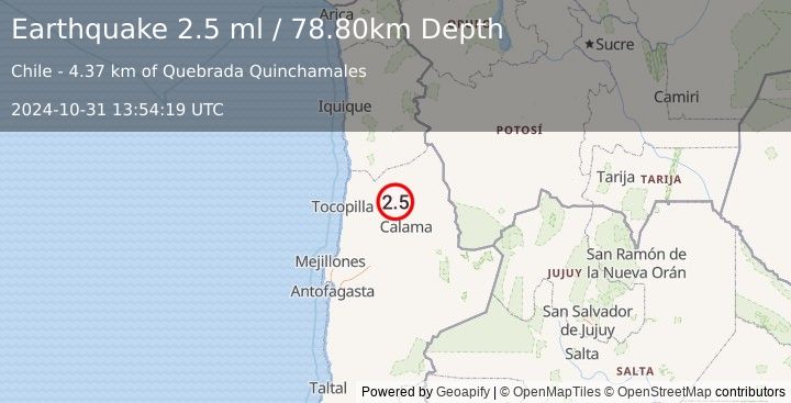 Earthquake ANTOFAGASTA, CHILE (2.5 ml) (2024-10-31 13:54:19 UTC)