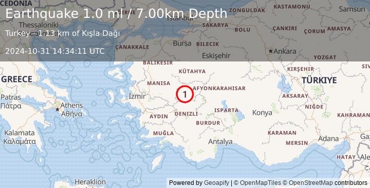 Earthquake WESTERN TURKEY (1.0 ml) (2024-10-31 14:34:11 UTC)