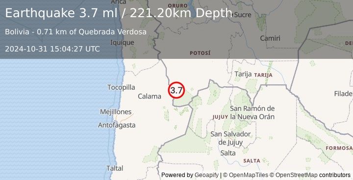 Earthquake POTOSI, BOLIVIA (3.7 ml) (2024-10-31 15:04:27 UTC)