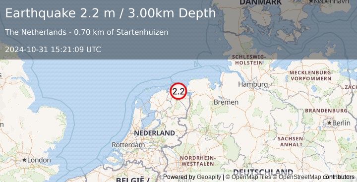 Earthquake THE NETHERLANDS (2.2 m) (2024-10-31 15:21:09 UTC)