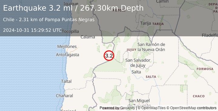 Earthquake ANTOFAGASTA, CHILE (3.2 ml) (2024-10-31 15:29:52 UTC)