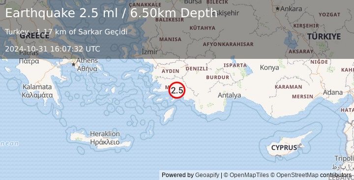 Earthquake WESTERN TURKEY (2.5 ml) (2024-10-31 16:07:32 UTC)