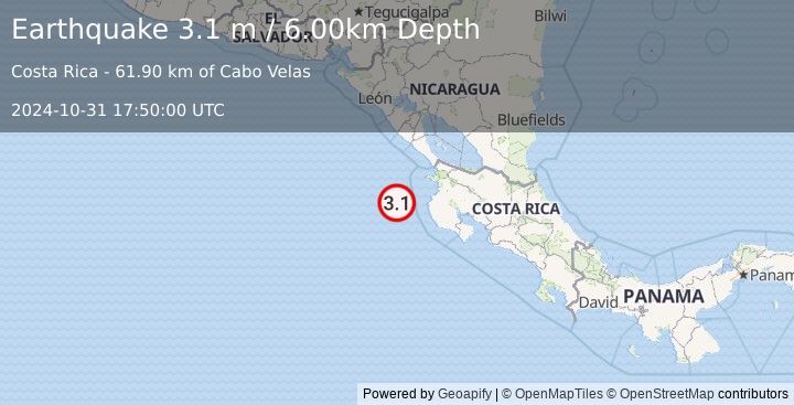 Earthquake OFF COAST OF COSTA RICA (3.1 m) (2024-10-31 17:50:00 UTC)