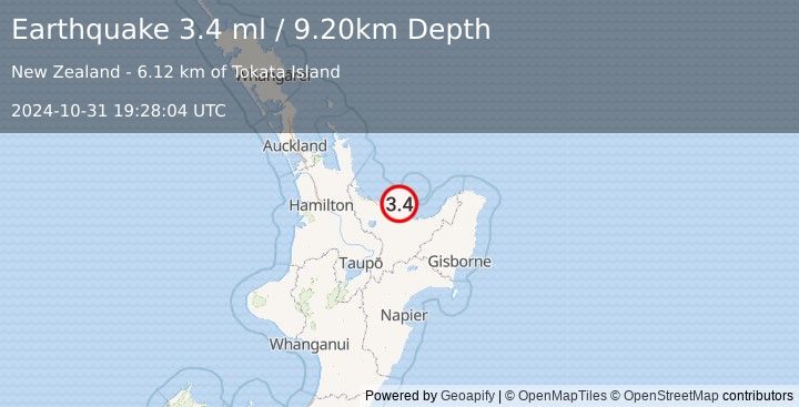 Earthquake NORTH ISLAND OF NEW ZEALAND (3.4 ml) (2024-10-31 19:28:04 UTC)