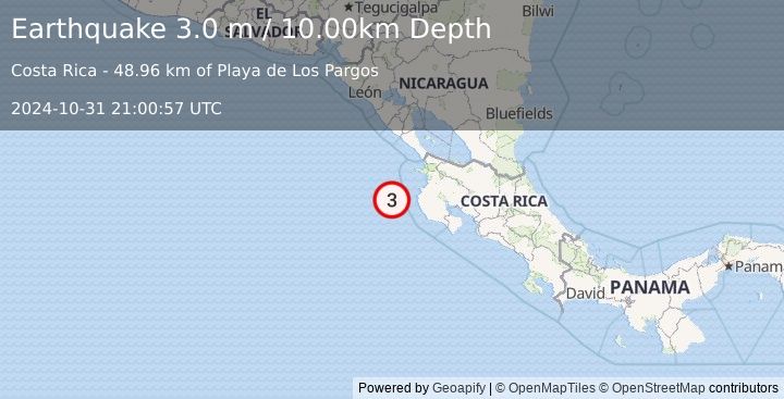 Earthquake OFF COAST OF COSTA RICA (3.0 m) (2024-10-31 21:00:57 UTC)