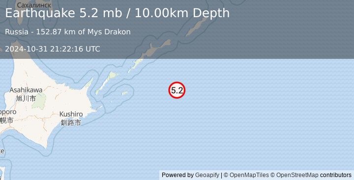 Earthquake EAST OF KURIL ISLANDS (5.2 mb) (2024-10-31 21:22:16 UTC)