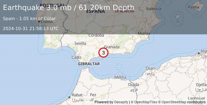 Earthquake STRAIT OF GIBRALTAR (3.0 mb) (2024-10-31 21:58:13 UTC)