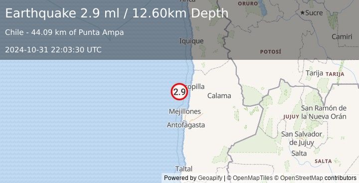 Earthquake OFFSHORE ANTOFAGASTA, CHILE (2.9 ml) (2024-10-31 22:03:30 UTC)