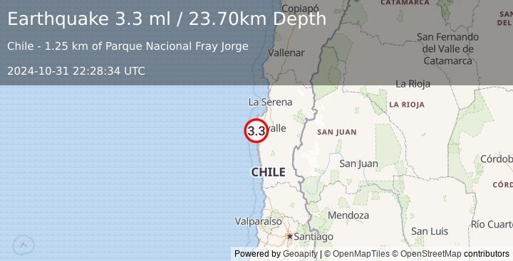 Earthquake COQUIMBO, CHILE (3.3 ml) (2024-10-31 22:28:34 UTC)