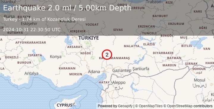 Earthquake CENTRAL TURKEY (2.0 ml) (2024-10-31 22:30:50 UTC)