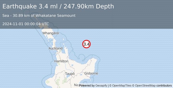 Earthquake OFF E. COAST OF N. ISLAND, N.Z. (3.4 ml) (2024-11-01 00:00:04 UTC)