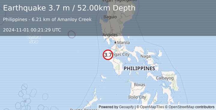 Earthquake MINDORO, PHILIPPINES (3.7 m) (2024-11-01 00:21:29 UTC)