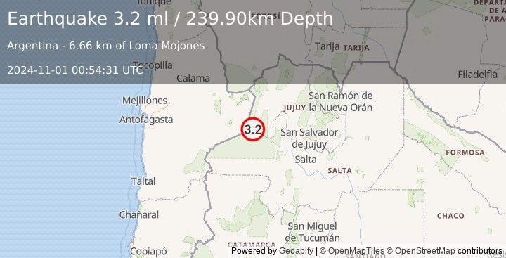 Earthquake SALTA, ARGENTINA (3.2 ml) (2024-11-01 00:54:31 UTC)