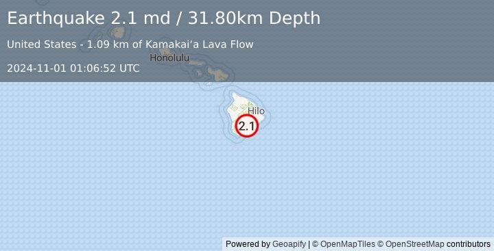 Earthquake ISLAND OF HAWAII, HAWAII (2.1 md) (2024-11-01 01:06:52 UTC)