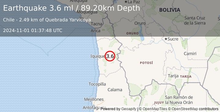 Earthquake TARAPACA, CHILE (3.6 ml) (2024-11-01 01:37:48 UTC)