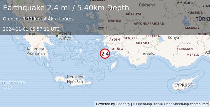 Earthquake DODECANESE IS.-TURKEY BORDER REG (2.4 ml) (2024-11-01 05:57:11 UTC)