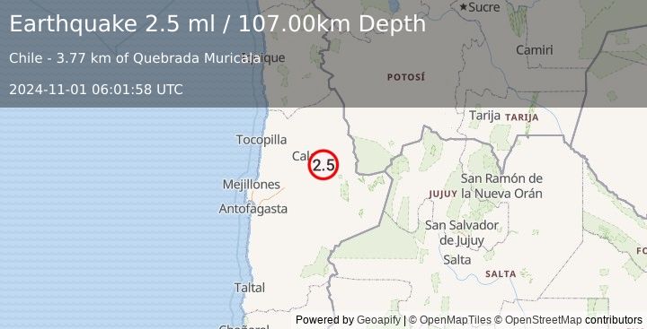 Earthquake ANTOFAGASTA, CHILE (2.5 ml) (2024-11-01 06:01:58 UTC)