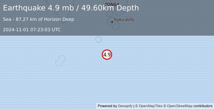 Earthquake TONGA REGION (4.9 mb) (2024-11-01 07:23:03 UTC)