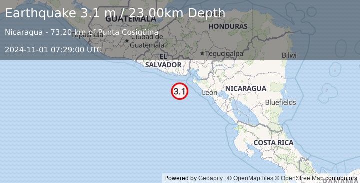 Earthquake OFFSHORE EL SALVADOR (3.1 m) (2024-11-01 07:29:00 UTC)