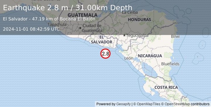 Earthquake OFFSHORE EL SALVADOR (2.8 m) (2024-11-01 08:42:59 UTC)